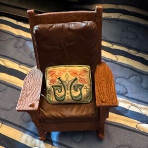 Miniature Rustic Brown Armchair with Embroidered Cushion